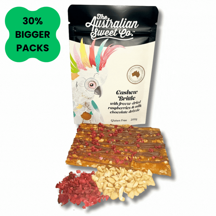 Cashew Brittle with freeze-dried raspberries and a drizzle of creamy m